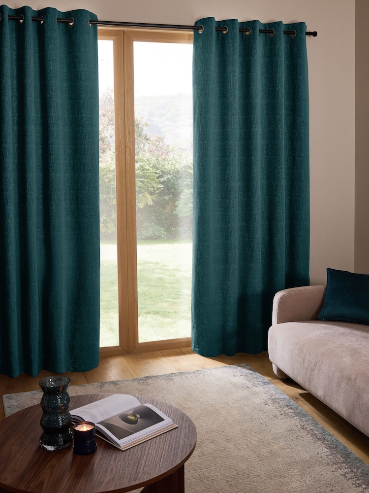 Blue Teal Heavyweight Chenille Eyelet Lined Curtains - Image 1 of 7