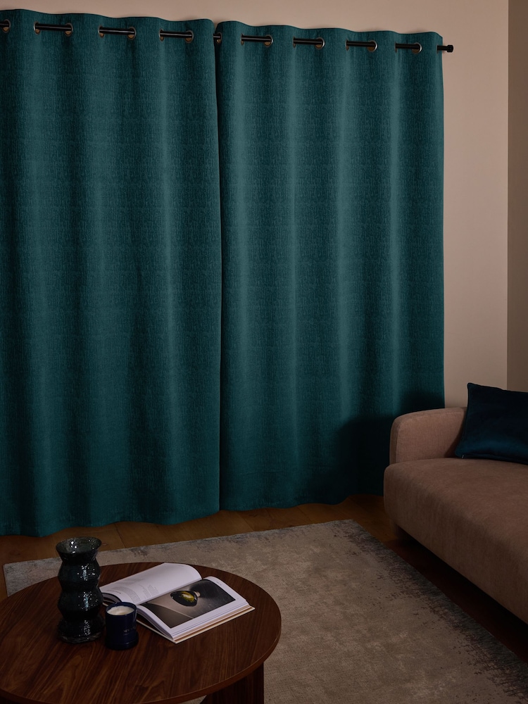 Blue Teal Heavyweight Chenille Eyelet Lined Curtains - Image 2 of 7