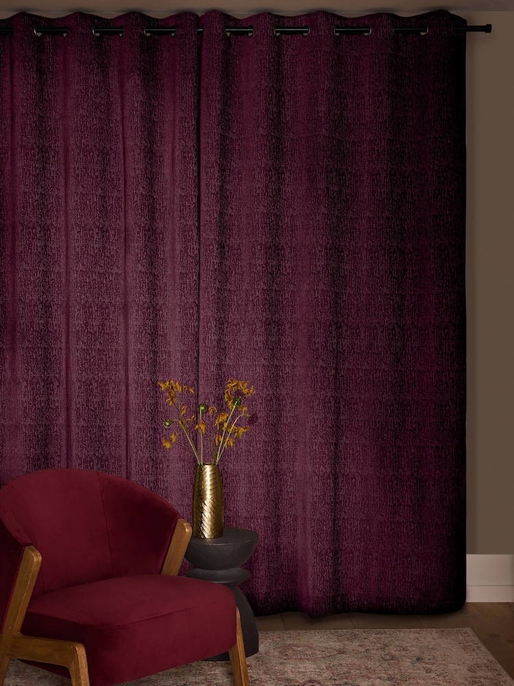 Purple Dark Heavyweight Chenille Eyelet Lined Curtains - Image 2 of 5