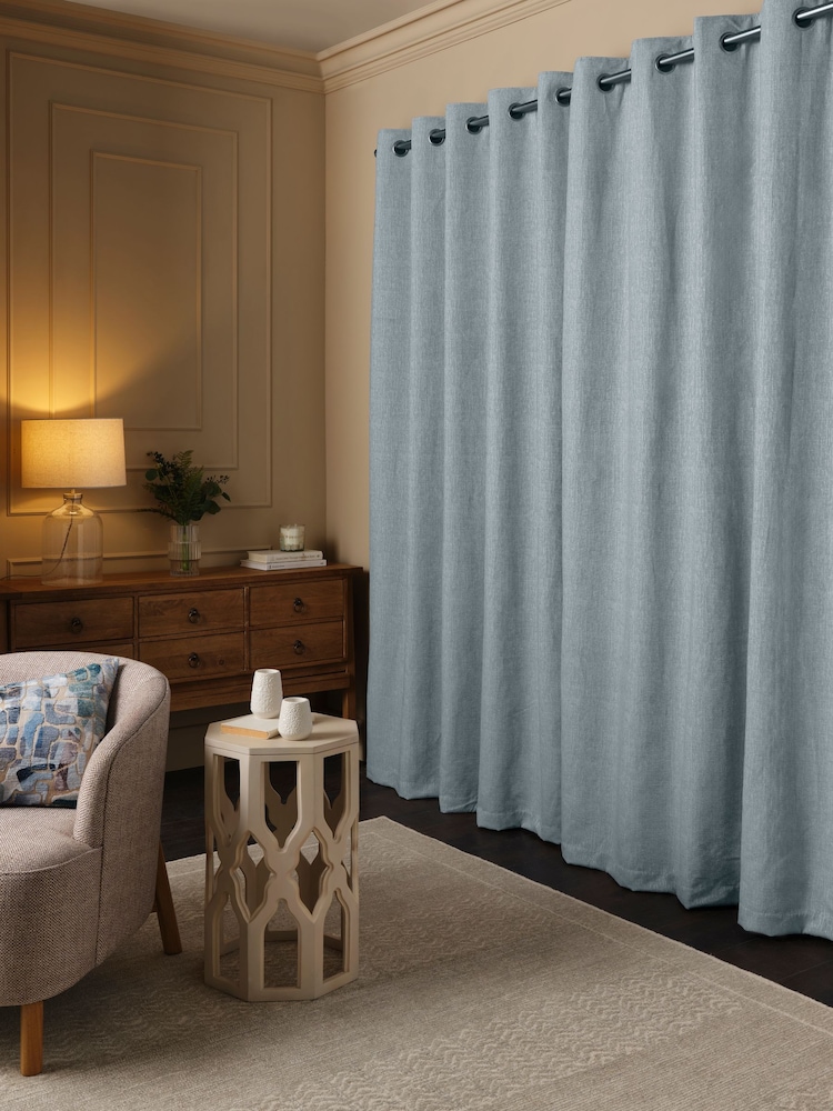 Blue Light Heavyweight Chenille Eyelet Lined Curtains - Image 2 of 7
