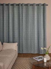 Grey Blue Heavyweight Chenille Eyelet Lined Curtains - Image 2 of 5