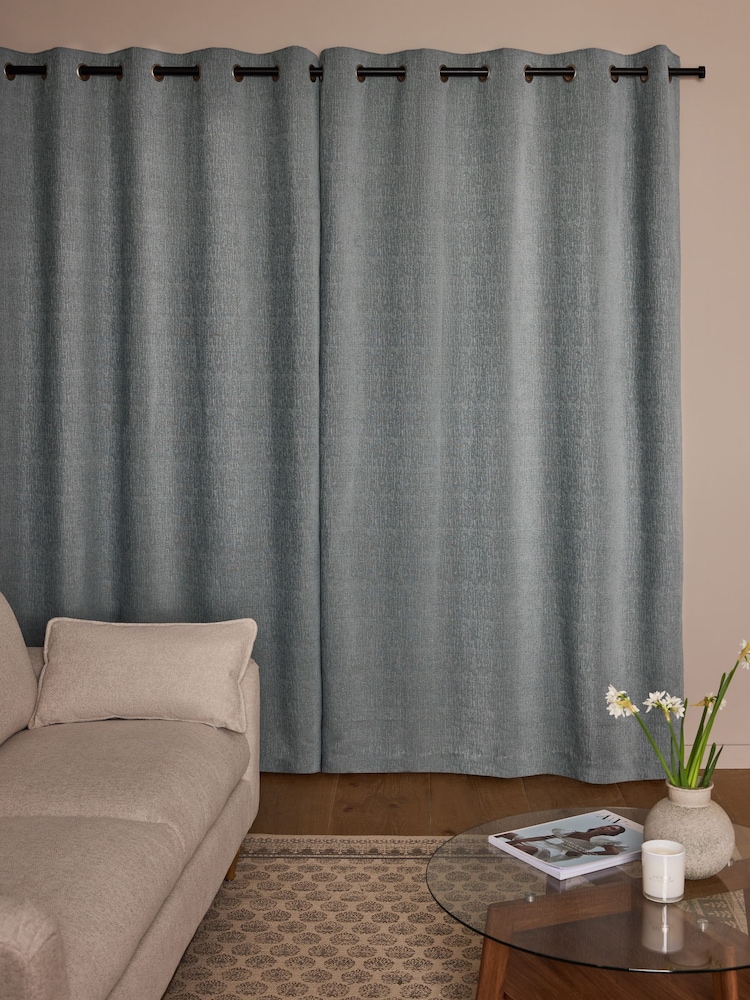 Grey Blue Heavyweight Chenille Eyelet Lined Curtains - Image 2 of 5