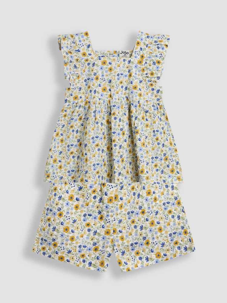 JoJo Maman Bébé White Floral 2-Piece Frill Shoulder Top & Short Set - Image 1 of 6