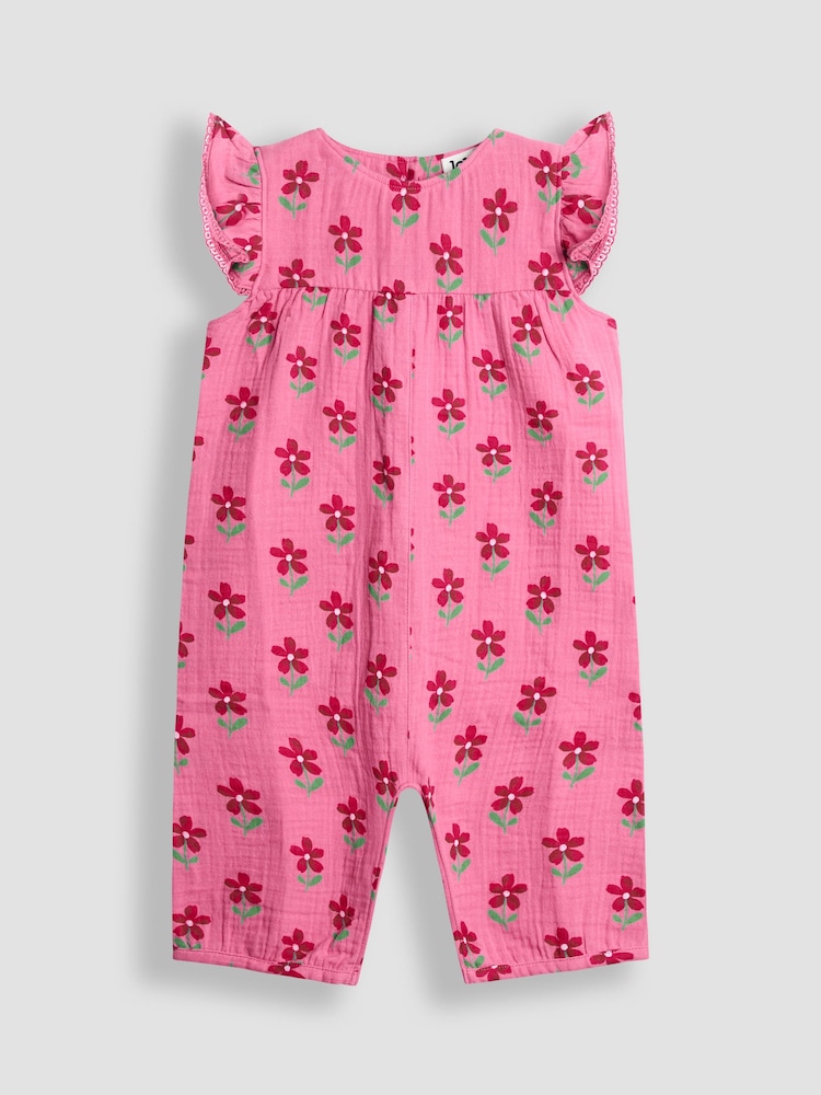JoJo Maman Bébé Bright Pink Floral Pretty Ruffle Shoulder Sunsuit - Image 1 of 4