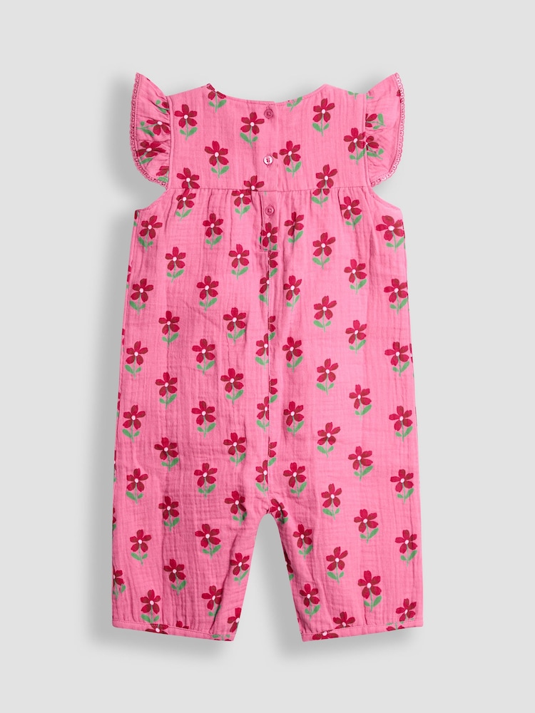 JoJo Maman Bébé Bright Pink Floral Pretty Ruffle Shoulder Sunsuit - Image 2 of 4