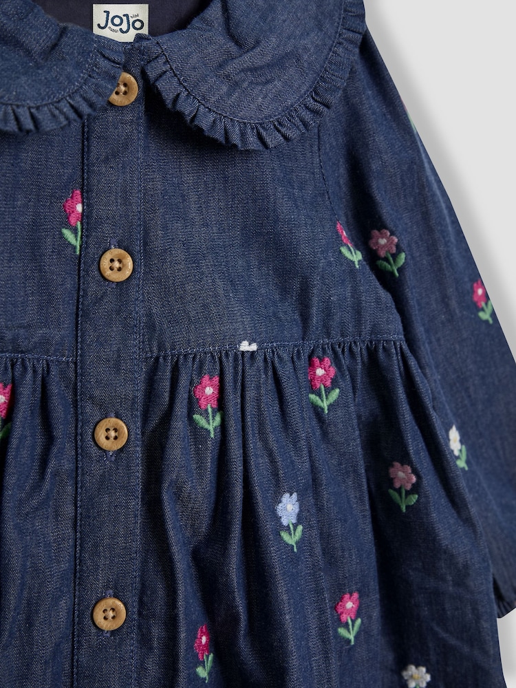 JoJo Maman Bébé Chambray Blue Floral Embroidered Button Through Dress - Image 3 of 3 JoJo Maman Bébé Chambray Blue Floral Embroidered Button Through Dress - Image 3 of 3