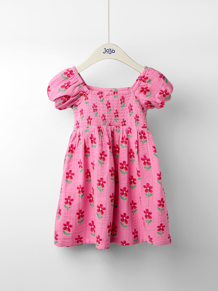 JoJo Maman Bébé Pink Floral Puff Sleeve Dress - Image 1 of 3