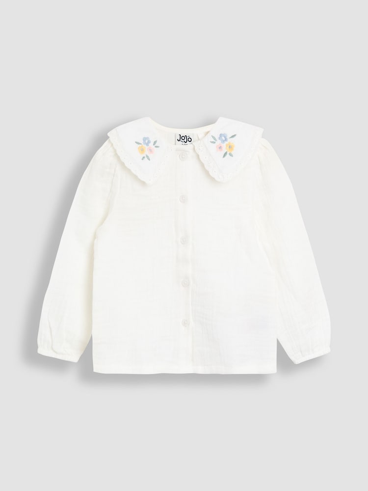 JoJo Maman Bébé Cream Floral Embroidered Print Peter Pan Collar Cheesecloth Blouse - Image 1 of 3