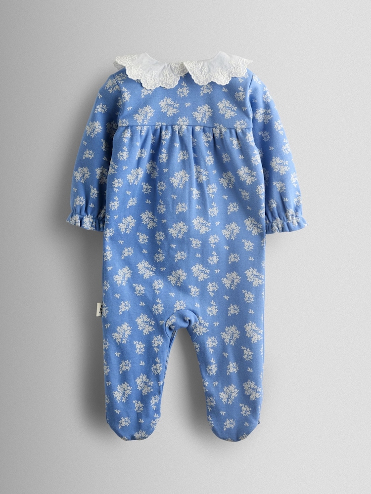 JoJo Maman Bébé Blue 100% Organic Cotton Ditsy Floral Sleepsuit - Image 2 of 4
