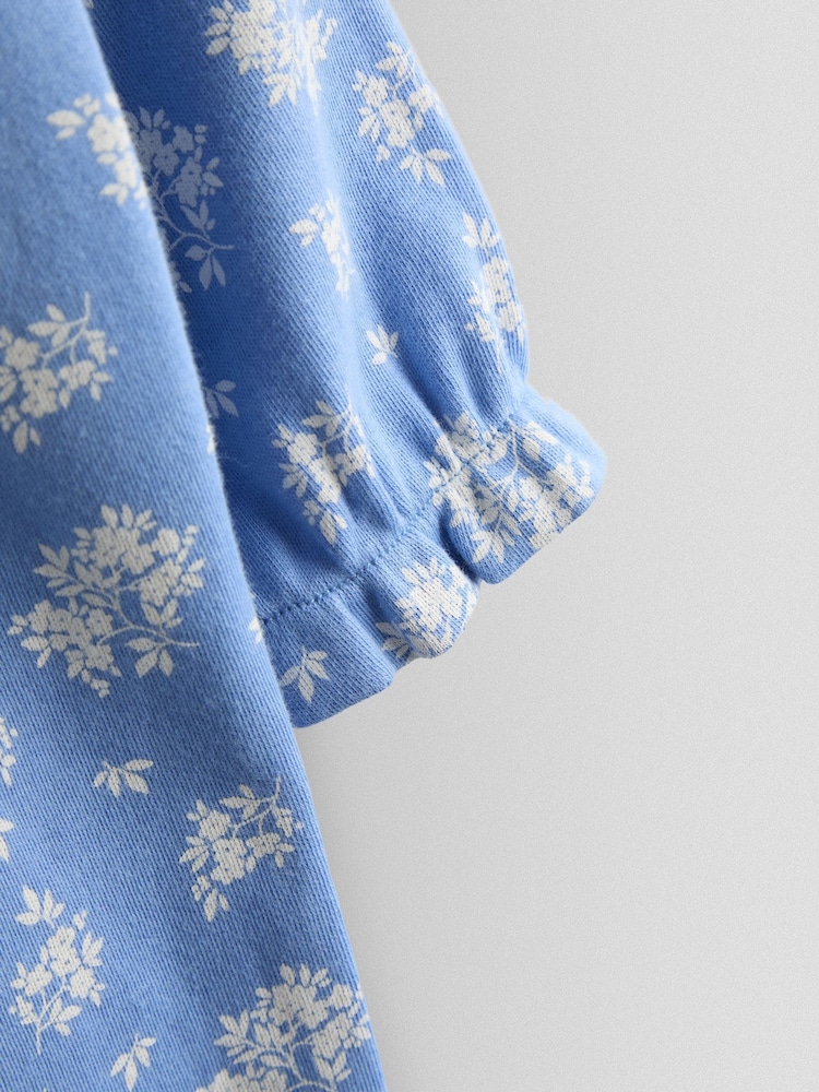 JoJo Maman Bébé Blue 100% Organic Cotton Ditsy Floral Sleepsuit - Image 4 of 4