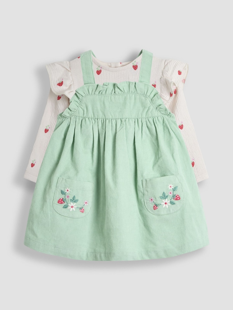 JoJo Maman Bébé Khaki Green Strawberry 2-Piece Frill Sleeve Top & Pinafore Set - Image 1 of 5