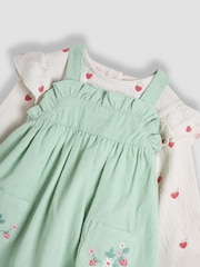 JoJo Maman Bébé Khaki Green Strawberry 2-Piece Frill Sleeve Top & Pinafore Set - Image 3 of 5
