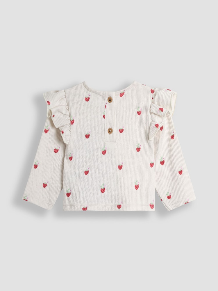JoJo Maman Bébé Khaki Green Strawberry 2-Piece Frill Sleeve Top & Pinafore Set - Image 5 of 5