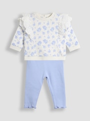 JoJo Maman Bébé Blue Ditsy Floral Organic Cotton 2-Piece Floral Sweatshirt & Leggings Set - Image 1 of 6
