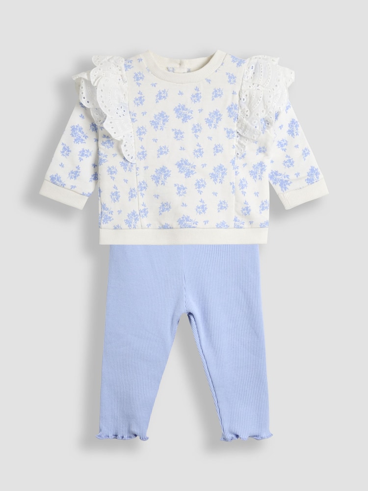 JoJo Maman Bébé Blue Ditsy Floral Organic Cotton 2-Piece Floral Sweatshirt & Leggings Set - Image 1 of 6