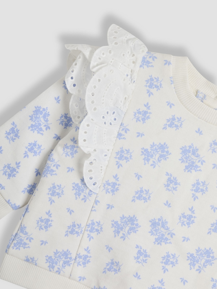 JoJo Maman Bébé Blue Ditsy Floral Organic Cotton 2-Piece Floral Sweatshirt & Leggings Set - Image 6 of 6
