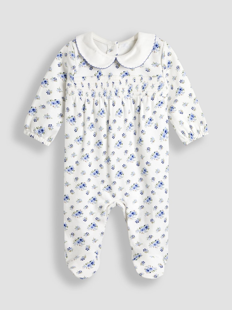 JoJo Maman Bébé Ecru Ditsy Floral Print Smocked Sleepsuit - Image 1 of 3