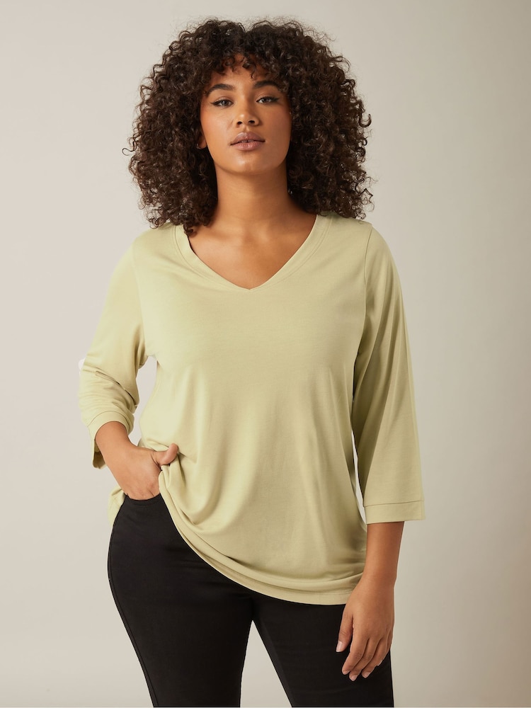 Evans Natural 3/4 Sleeve V-Neck Modal T-Shirt - Image 1 of 5