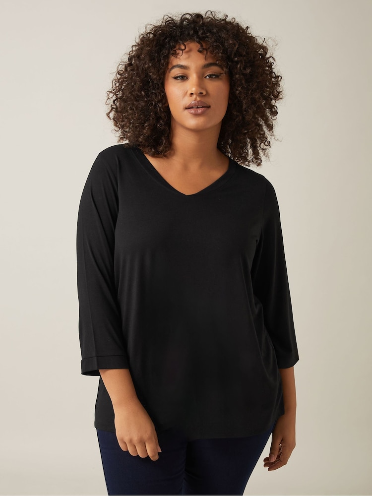 Evans Black 3/4 Sleeve V-Neck Modal T-Shirt - Image 1 of 5