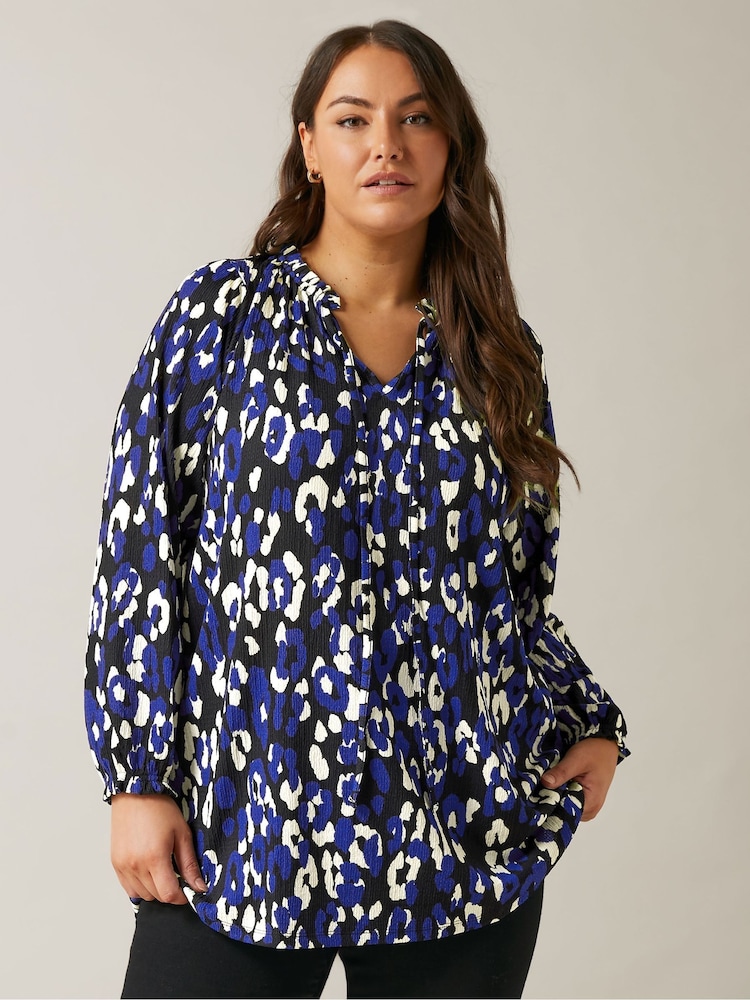 Evans Animal Print Boho Blue Top - Image 1 of 5