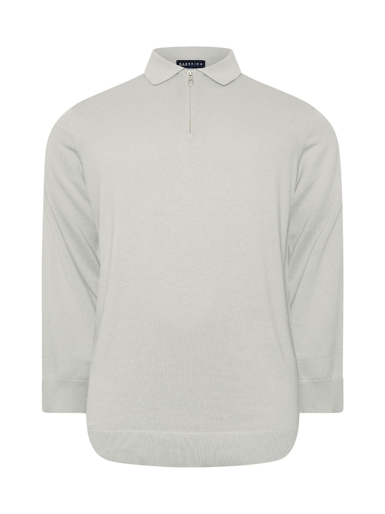 BadRhino Big & Tall Grey Long Sleeve Knitted Zip Polo Shirt - Image 2 of 3 BadRhino Big & Tall Grey Long Sleeve Knitted Zip Polo Shirt - Image 2 of 3
