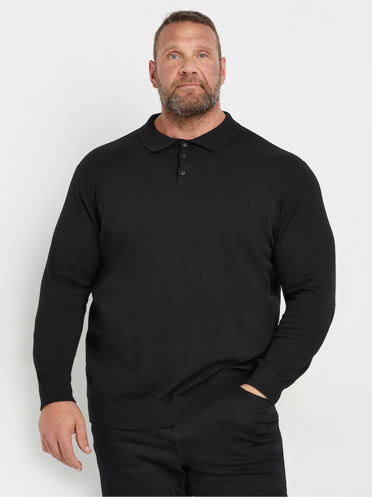 Schwarz - Badrhino Big & Tall Langärmeliges Polo-Shirt aus Strick - Bild 1 von 3 Schwarz - Badrhino Big & Tall Langärmeliges Polo-Shirt aus Strick - Bild 1 von 3
