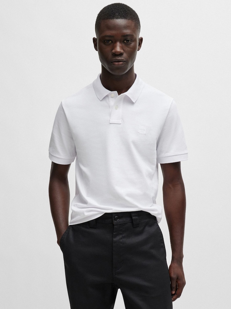 BOSS White Slim Fit Passenger Logo Patch Pique Polo Shirt - Image 1 of 5