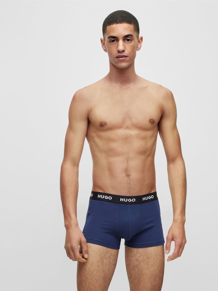 HUGO Blue Logo-Waistband Stretch Cotton Trunks 3 Pack - Image 1 of 5