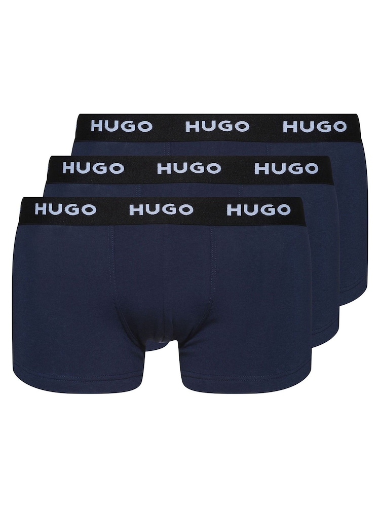 HUGO Blue Logo-Waistband Stretch Cotton Trunks 3 Pack - Image 1 of 5 HUGO Blue Logo-Waistband Stretch Cotton Trunks 3 Pack - Image 1 of 5