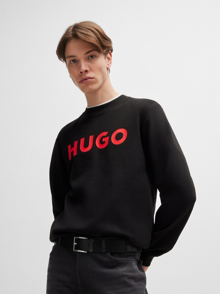 HUGO Black Regular Fit Logo Print Terry 100% Cotton Sweatshirt - Image 1 of 6