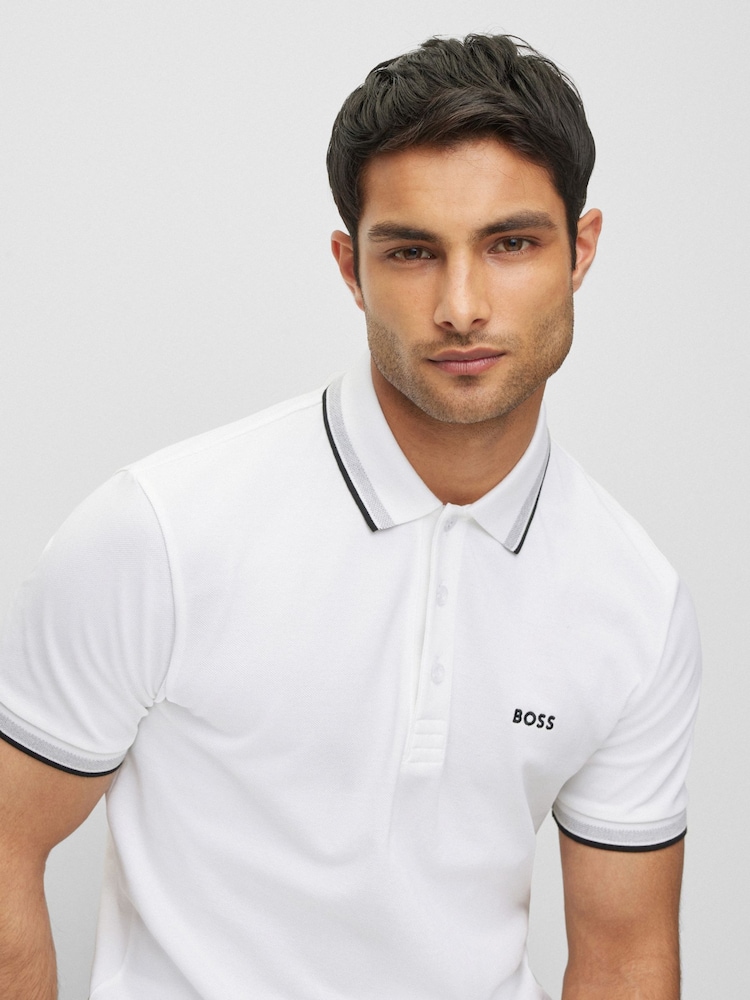 BOSS White Tipped Paddy 100% Cotton Polo Shirt - Image 4 of 8