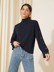Friends Like These Navy Blue Flute Sleeve Button Funnel Neck Knit Jumper - Image 1 of 4