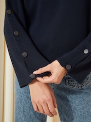 Friends Like These Navy Blue Flute Sleeve Button Funnel Neck Knit Jumper - Image 2 of 4