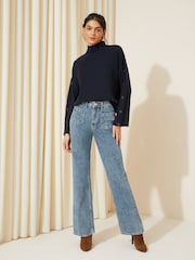Friends Like These Navy Blue Flute Sleeve Button Funnel Neck Knit Jumper - Image 3 of 4