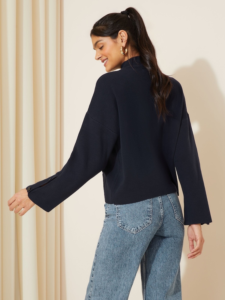 Friends Like These Navy Blue Flute Sleeve Button Funnel Neck Knit Jumper - Image 4 of 4