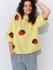 Yellow Strawberry Graphic Print Pattern Knitted Half Sleeve Top - Image 1 of 7
