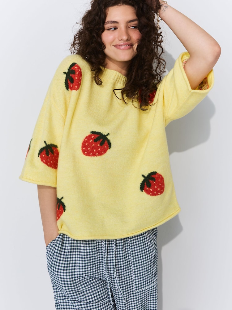 Yellow Strawberry Graphic Print Pattern Knitted Half Sleeve Top - Image 1 of 7