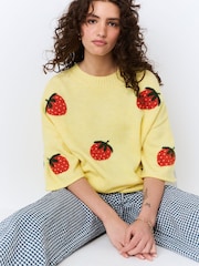 Yellow Strawberry Graphic Print Pattern Knitted Half Sleeve Top - Image 2 of 7