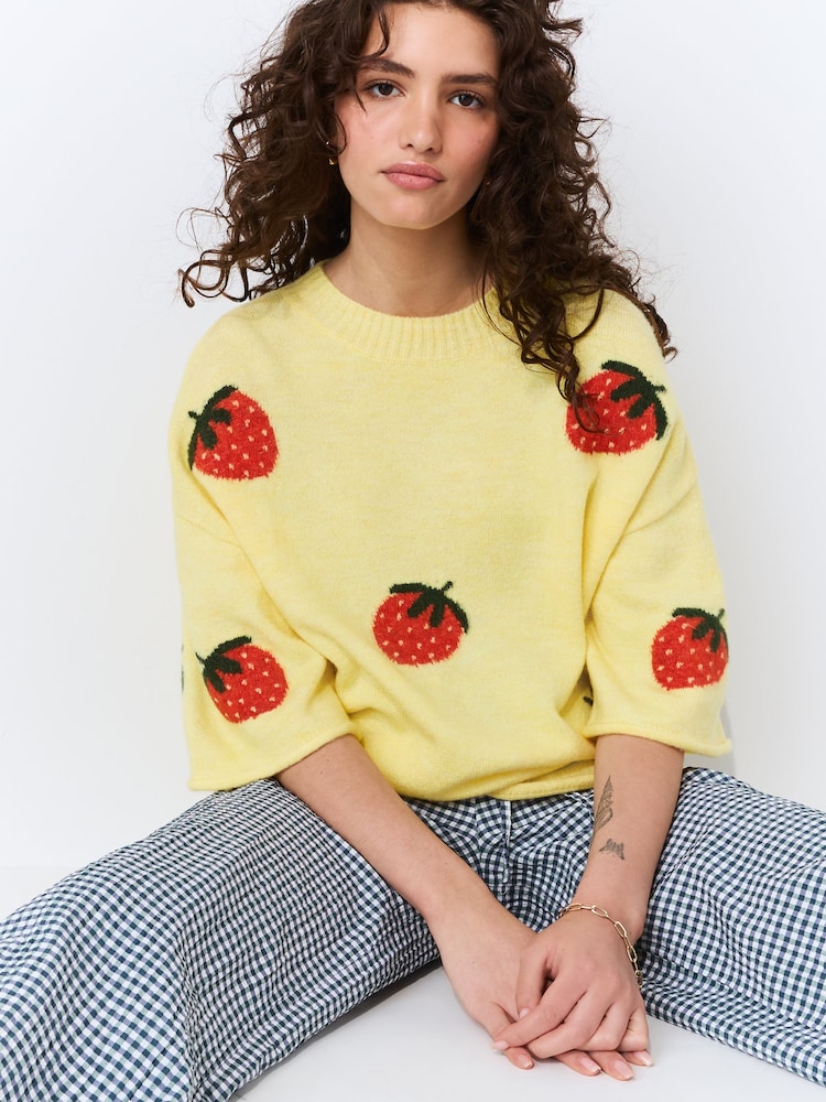 Yellow Strawberry Graphic Print Pattern Knitted Half Sleeve Top - Image 2 of 7
