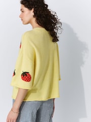 Yellow Strawberry Graphic Print Pattern Knitted Half Sleeve Top - Image 3 of 7