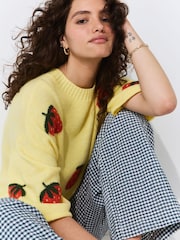 Yellow Strawberry Graphic Print Pattern Knitted Half Sleeve Top - Image 4 of 7