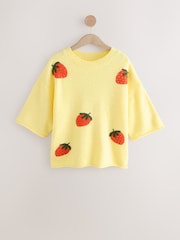 Yellow Strawberry Graphic Print Pattern Knitted Half Sleeve Top - Image 5 of 7