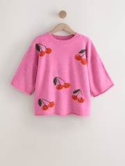 Pink Cherry Graphic Print Pattern Knitted Half Sleeve Top - Image 1 of 3