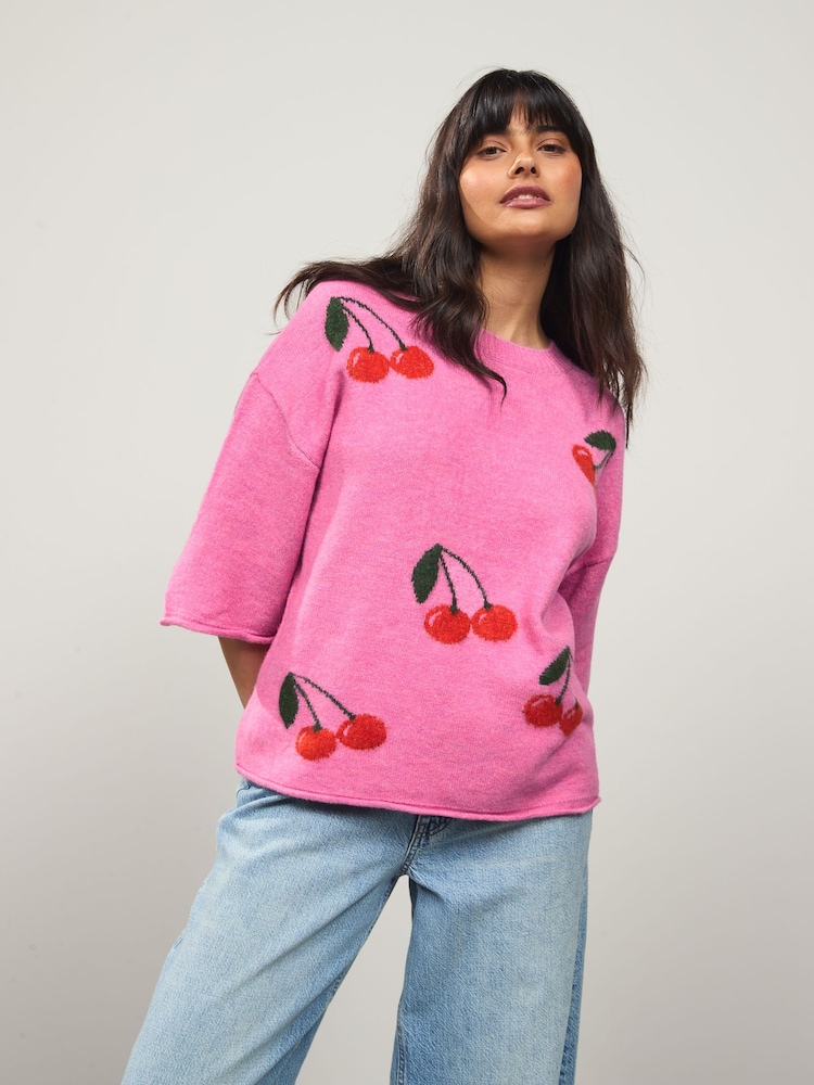 Pink Cherry Graphic Print Pattern Knitted Half Sleeve Top - Image 1 of 7 Pink Cherry Graphic Print Pattern Knitted Half Sleeve Top - Image 1 of 7