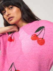 Pink Cherry Graphic Print Pattern Knitted Half Sleeve Top - Image 4 of 7
