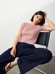 Pink Blush Lace Mesh Crew Neck Short Sleeve Sparkle T-Shirt - Image 1 of 8