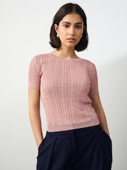 Pink Blush Lace Mesh Crew Neck Short Sleeve Sparkle T-Shirt - Image 3 of 8