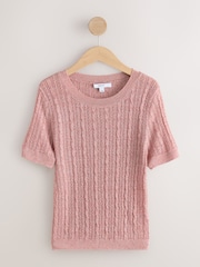 Pink Blush Lace Mesh Crew Neck Short Sleeve Sparkle T-Shirt - Image 6 of 8