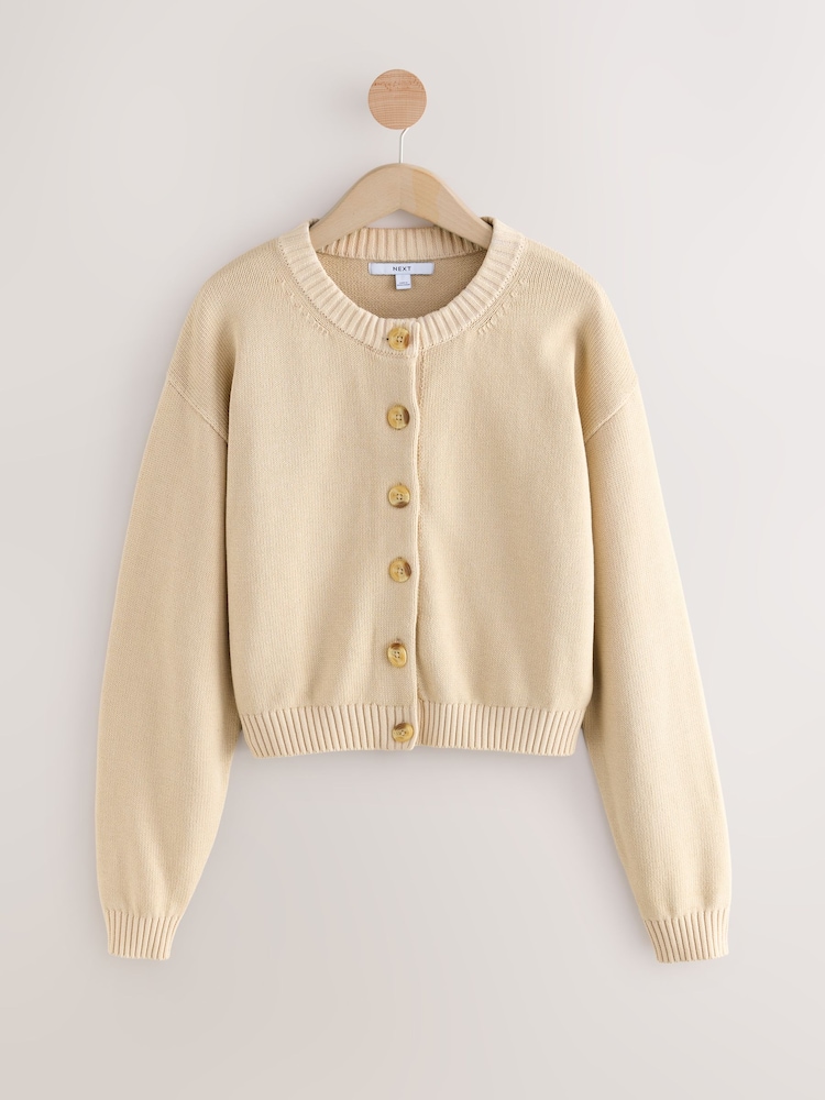 Neutral Stone 100% Cotton Washed Crew Neck Cardigan - Image 1 of 3