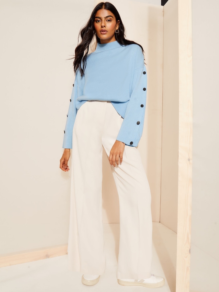 Friends Like These Blue Flute Sleeve Button Funnel Neck Knit Jumper - Image 2 of 4